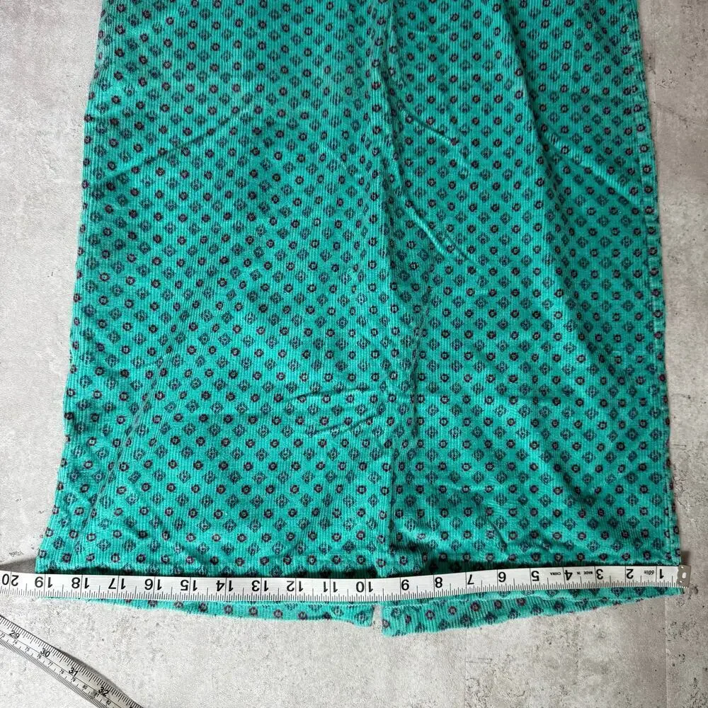 Vintage long, turquoise, geometric-patterned corduroy maxi skirt size 5/6